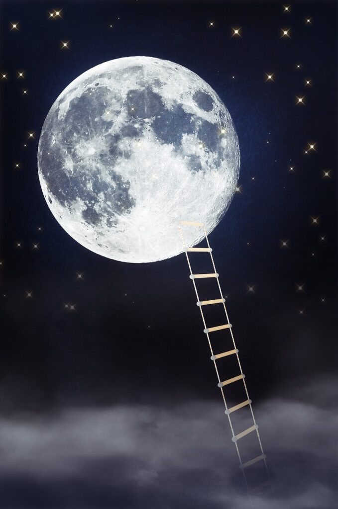 Photo de la lune sur laquelle est déposée une échelle posé sur les nuages pour illustrer l'endormissement et le sommeil
