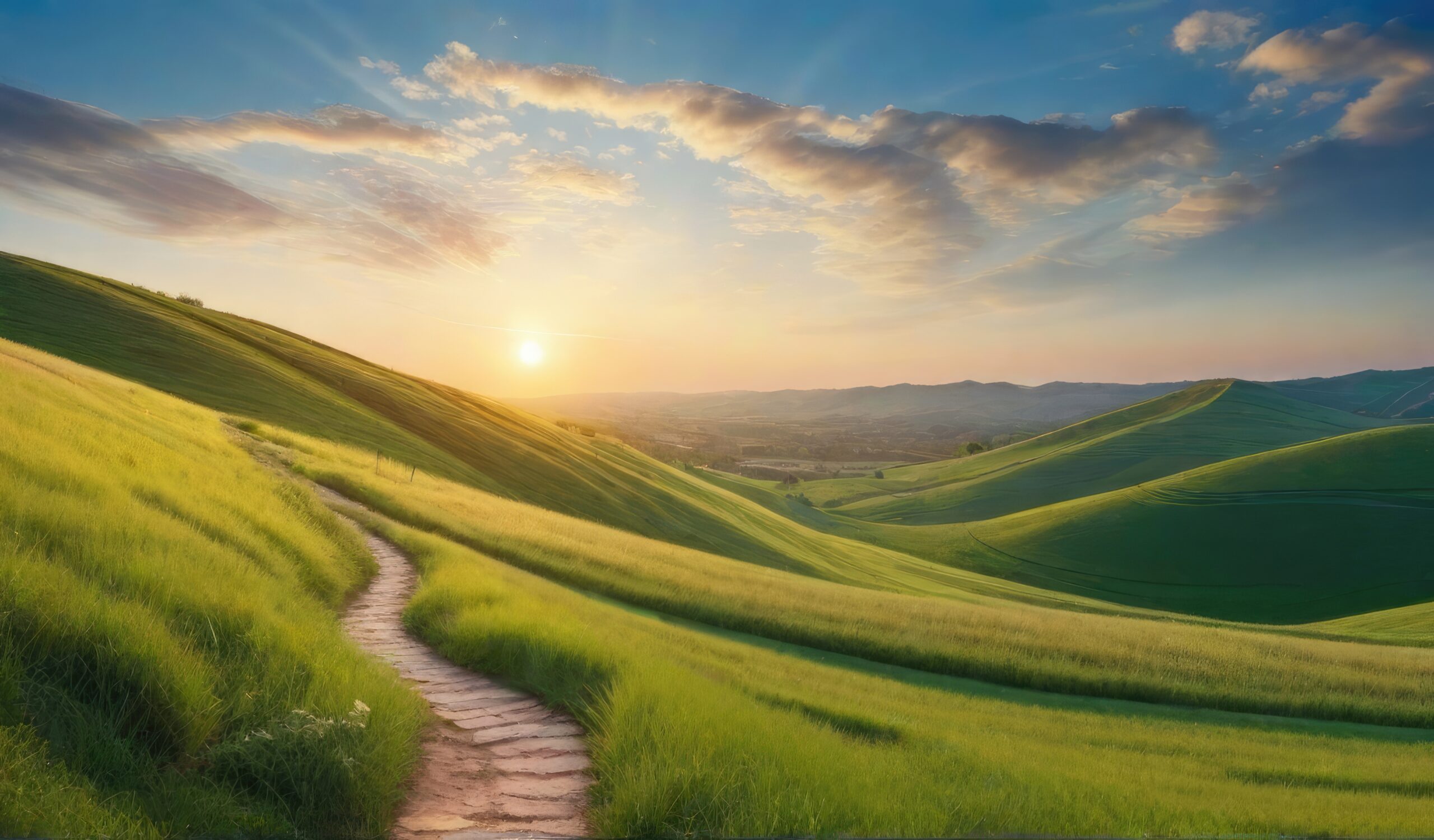 Illustration de l'évolution par un chemin sur une colline verdoyante. Horizon fait de montagne et de valons, soleil sur le point de l'horizon qui illumine les nuages par le bas dans un ciel bleu.