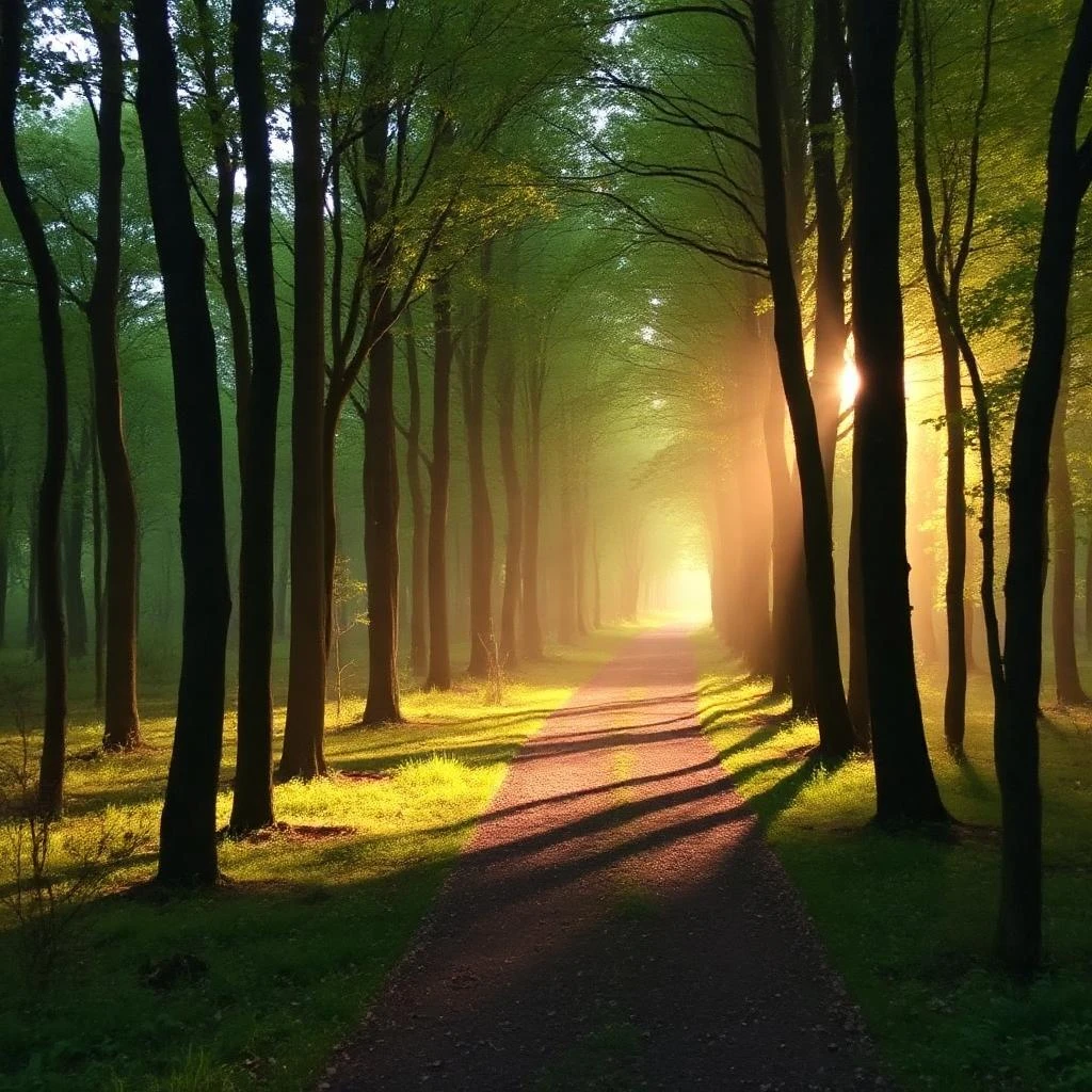 Photo d'un sentier à travers une foret, avec le soleil qui éclaire à travers les arbres