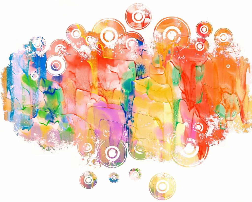 aquarelle au centre de laquelle viennent se fondre des taches de couleur pour figurer le retour à l'équilibre et à l'apaisement grâce aux technique sophrologique de gestion de la douleur